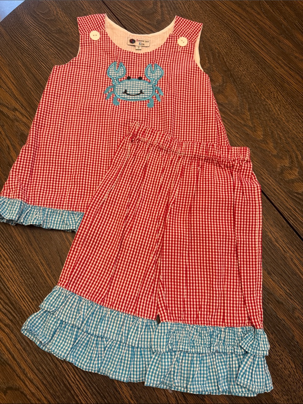Smock Dot Kids Red Gingham Top with Blue Crab Appliqué